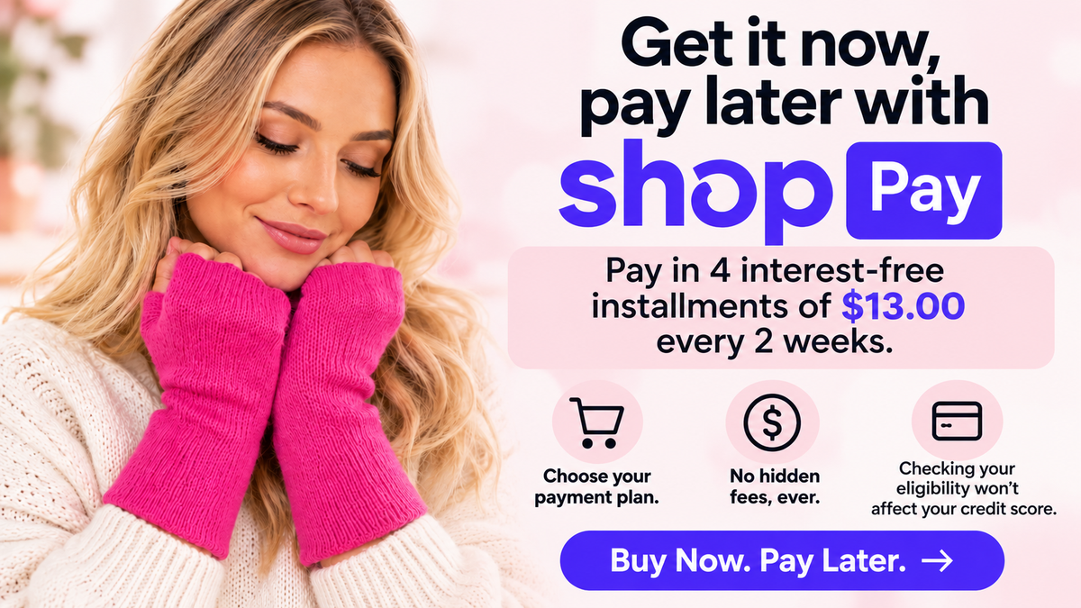 Shop Pay installment banner with pink Baby Alpaca mittens